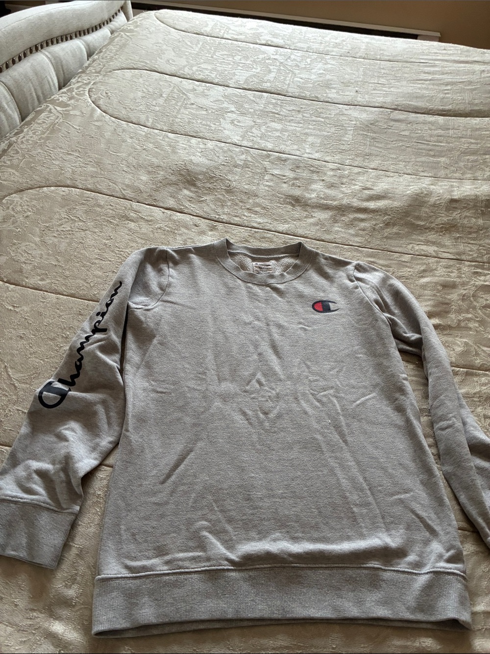 Champion Light Gray Crewneck Sweatshirt with Sleeve Script